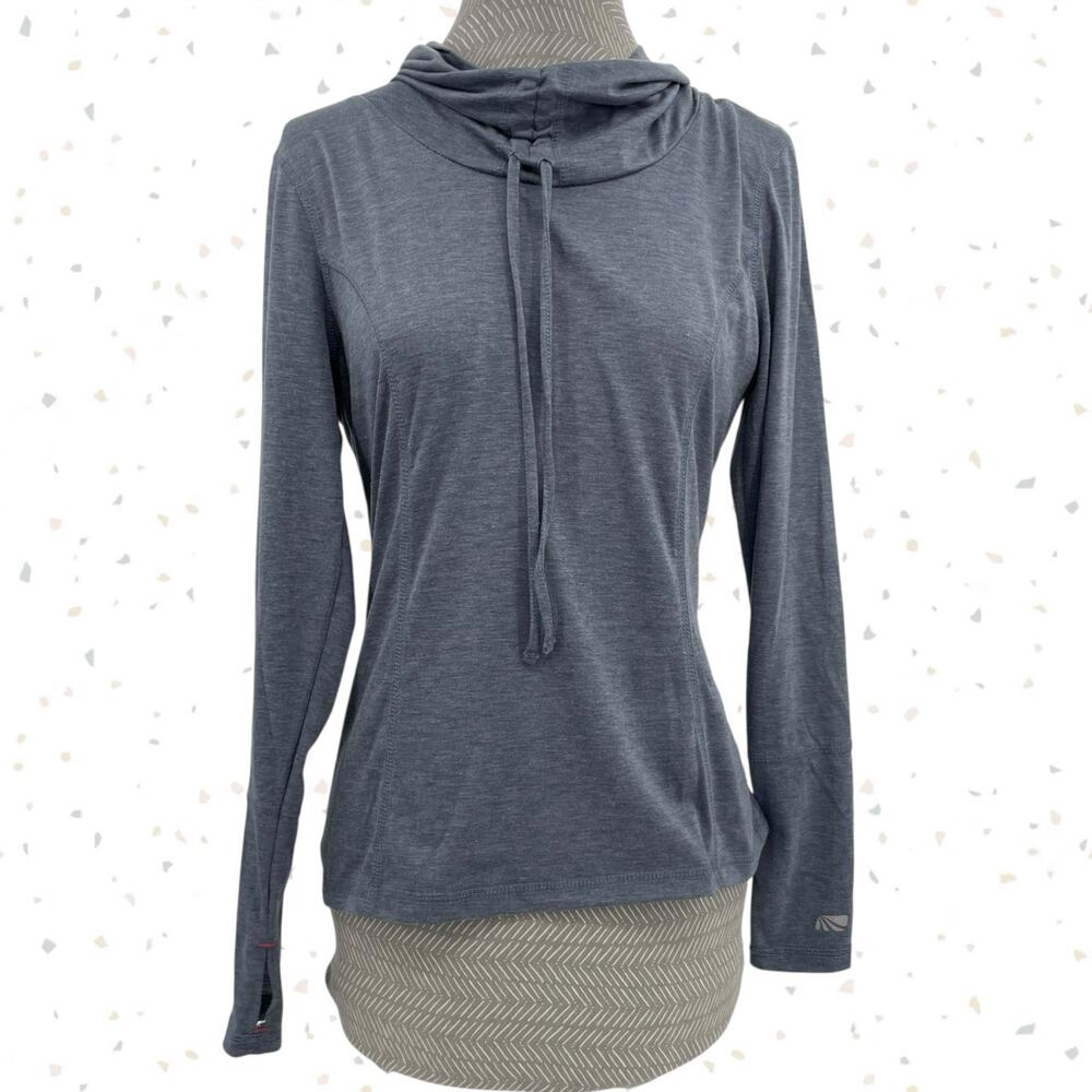 Marika Workout Hoodie Lightweight Exercise Top Blue Gray Cinch Cowl Neck Size M